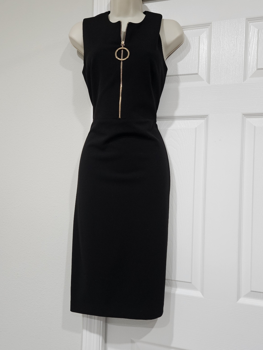 Calvin Klein Black Midi Sheath Dress with Gold Ring Zip